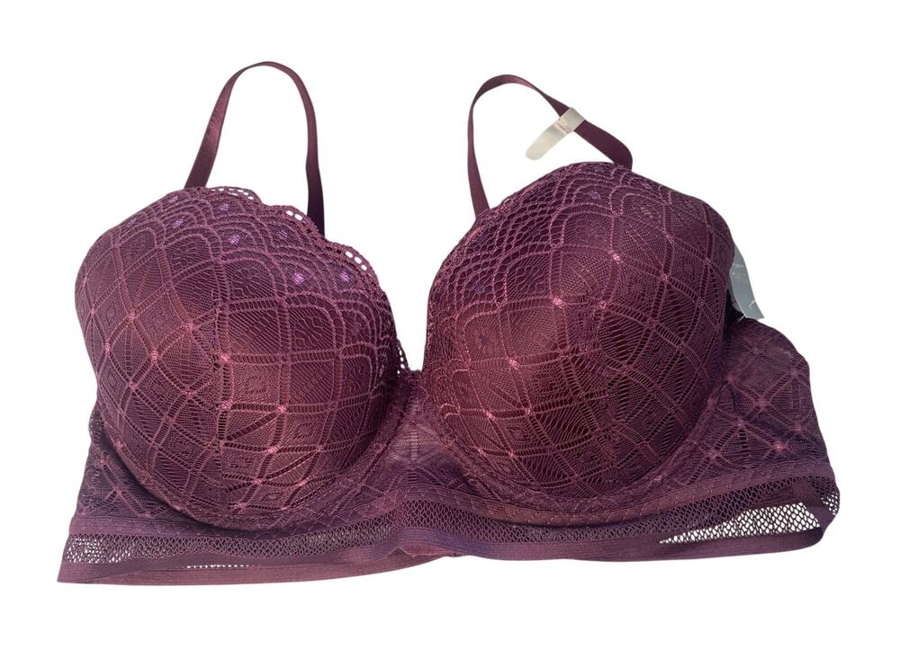 True by Rue21 Plum Lace Overlay Romantic Sexy Bra Adjustable Straps Size 38C NWT